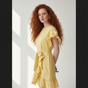 Joe Fresh Jillian Harris Yellow Stripe Ruffle Skirt Linen Blend Dress Size M